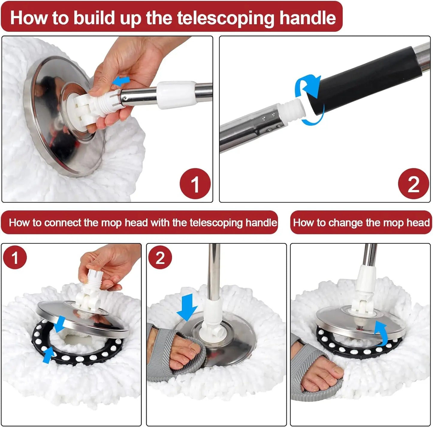 NONECN 360 Degree Spin Mop Bucket Set With Wring System And Microfiber Heads