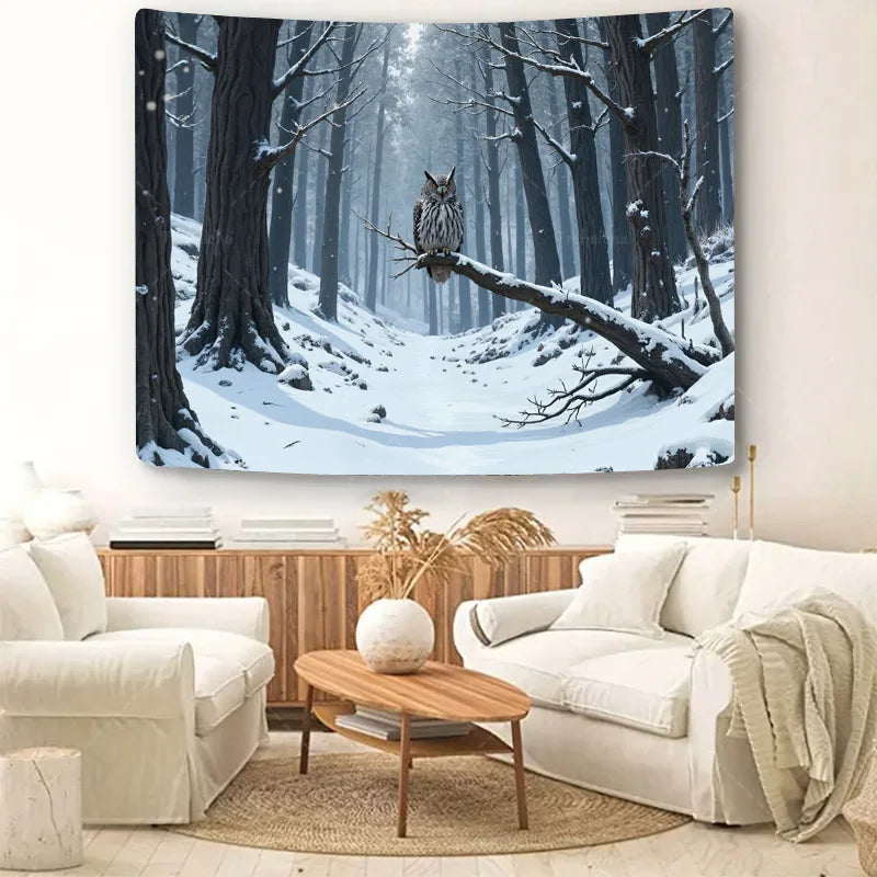Winter Forest Owl Tapestry Snowy Landscape Wall Hanging Art Polyester Decor