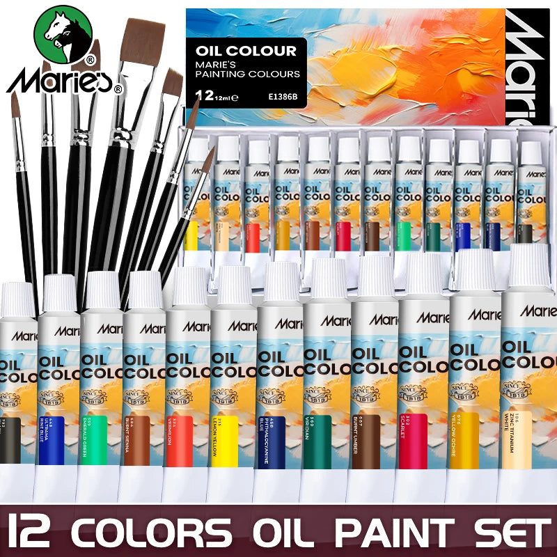 Marie's Oil Paint Kit With 12ml Tubes And 7 Brushes Pro Art Supplies Set