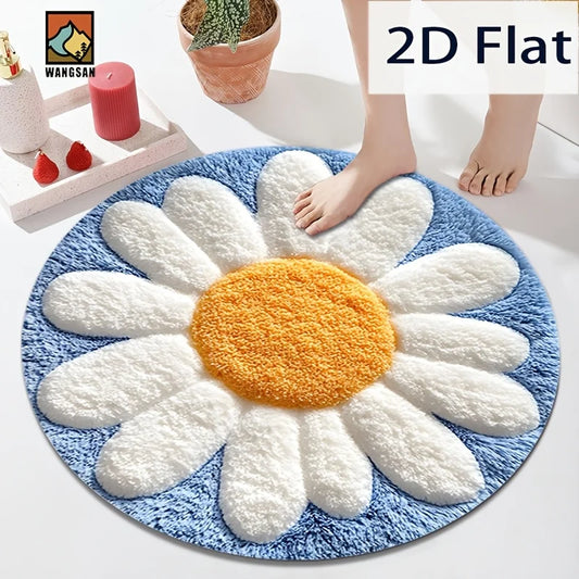 Daisy Flower Round Rug Non Slip Bath Mat Bathroom Bedroom Kids Room