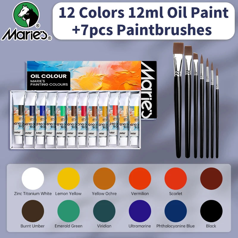 Marie's Oil Paint Kit With 12ml Tubes And 7 Brushes Pro Art Supplies Set
