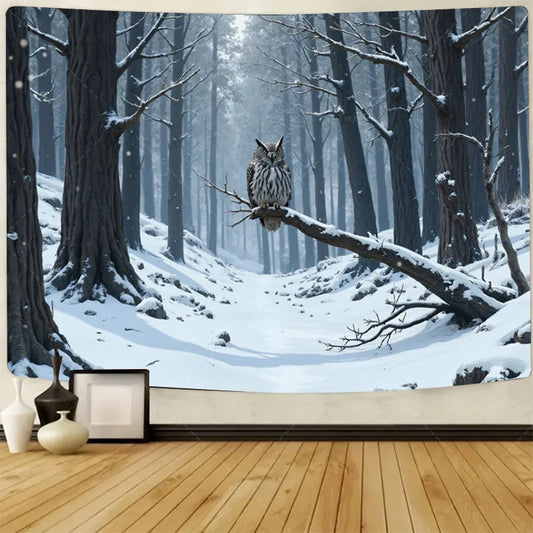 Winter Forest Owl Tapestry Snowy Landscape Wall Hanging Art Polyester Decor