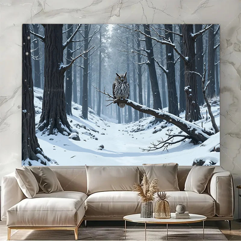 Winter Forest Owl Tapestry Snowy Landscape Wall Hanging Art Polyester Decor